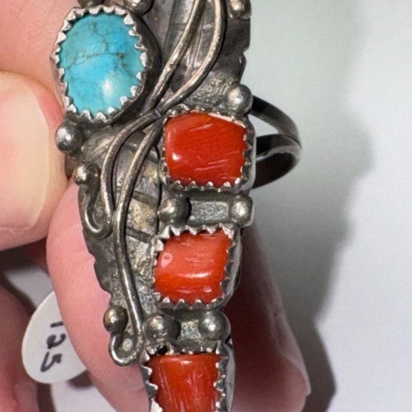 Sterling Silver Turquoise And Coral Ring, Size 9 - Picture 11 of 14
